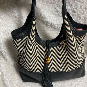 Big Buddha Boho Black &beige zigzag fabric black faux leather trim stitch accent